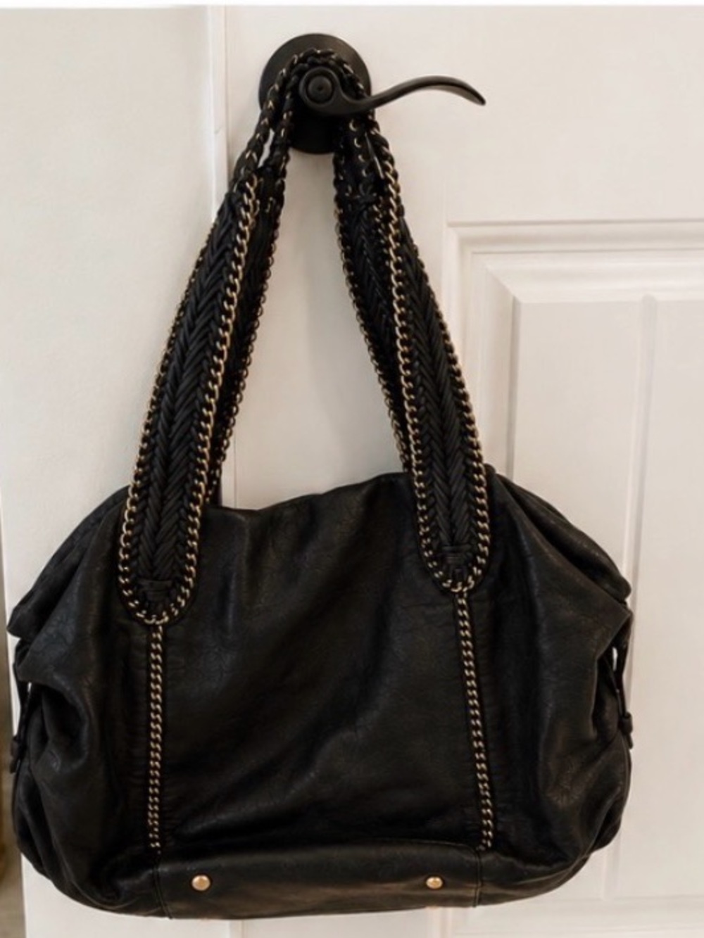Black Shoulder Tote with Braided Chain-Trim Handles